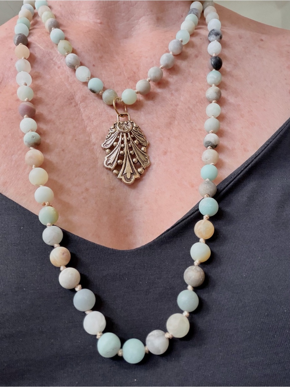 Gold pendant Amazonite Beaded long adjustable magnetic clasp Necklace
